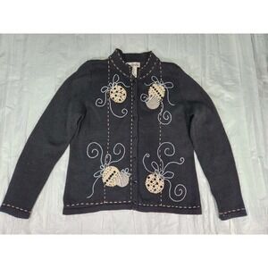 TimberLea Vintage Christmas Black Sweater Embellished Cardigan Small S Ornaments